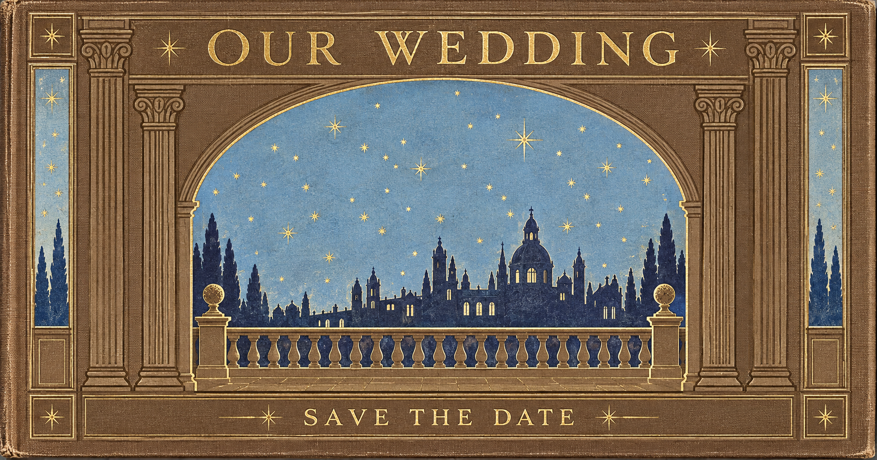 Our Wedding — Save the Date, framed by a celestial archway above a starry blue sky